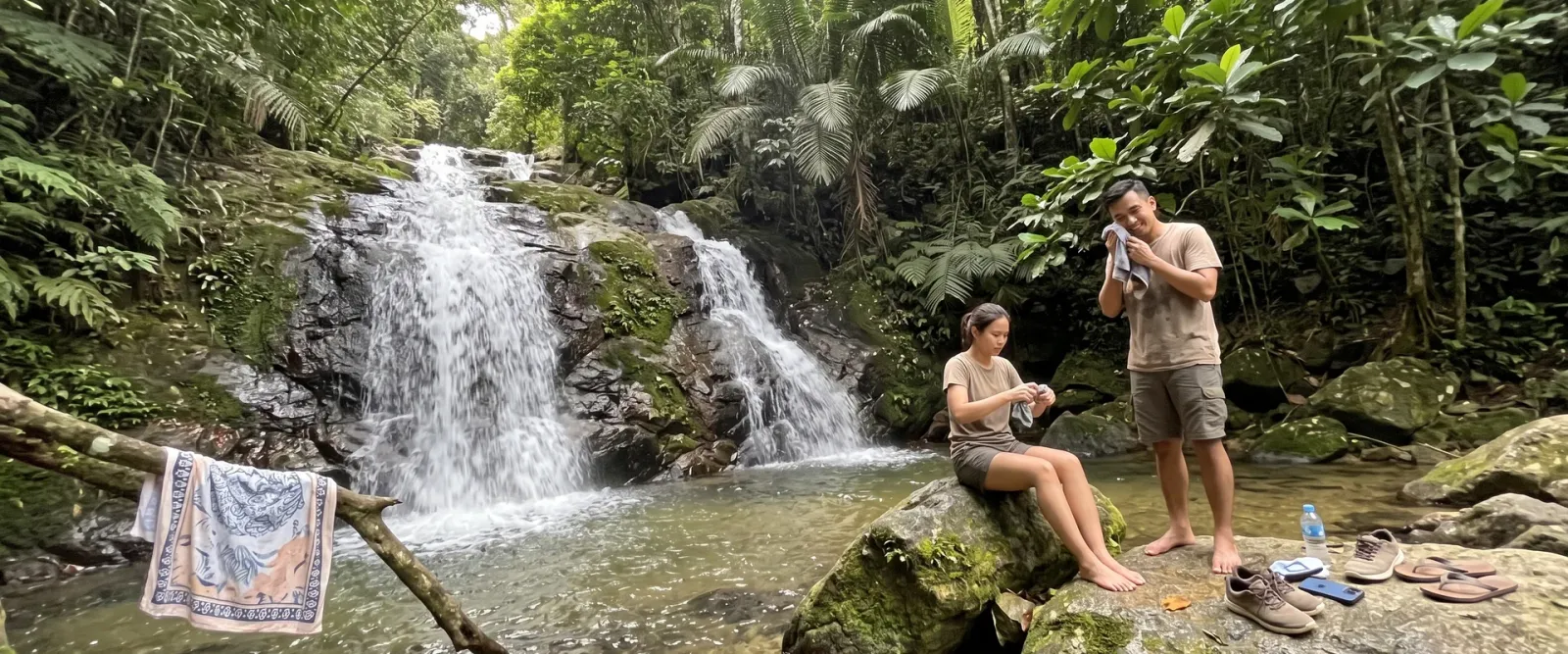 Water falling over dark rock at the Kanching seven-tier rainforest waterfall near Kuala Lumpur