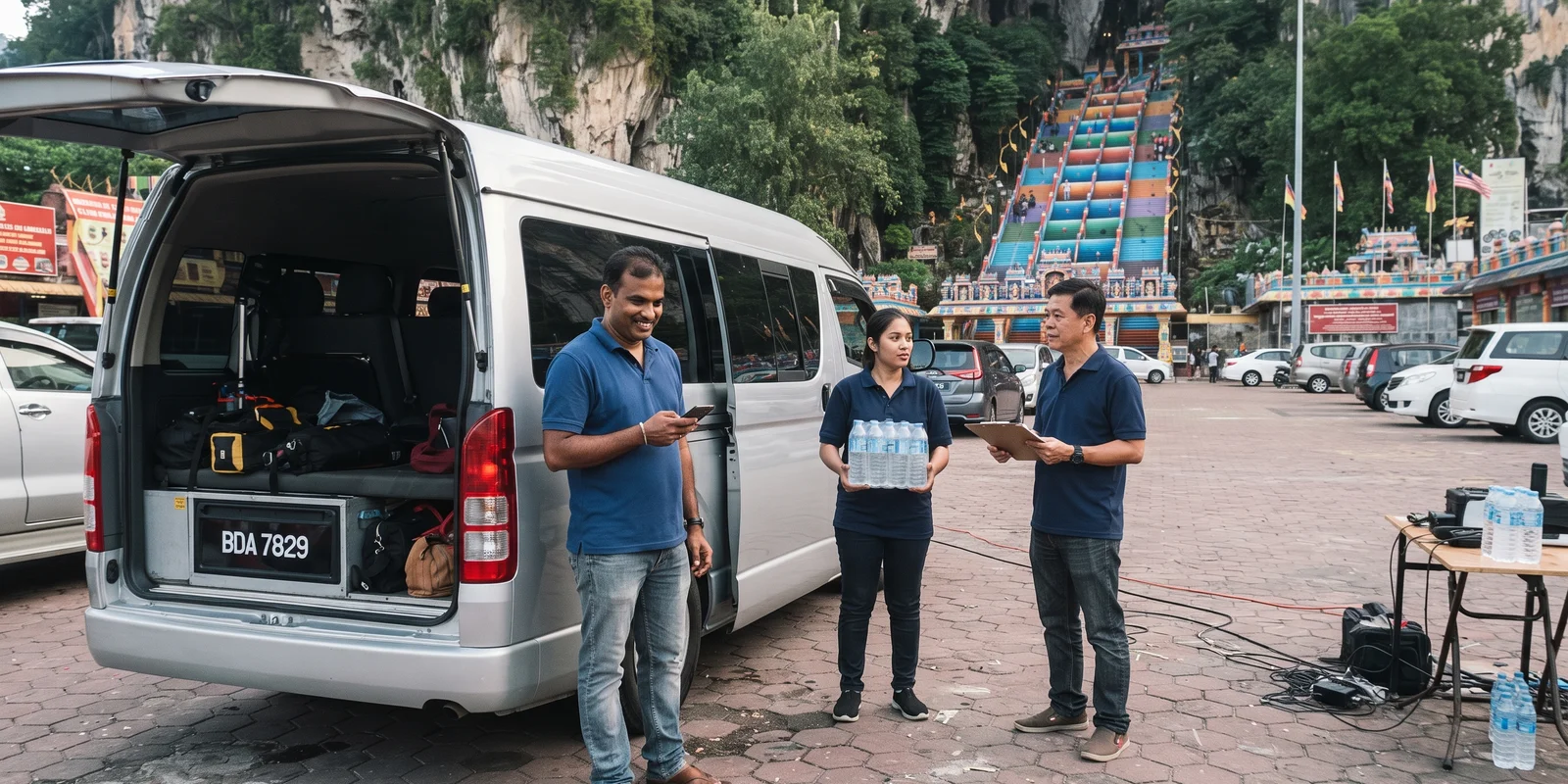 The tour team beside an air-conditioned van