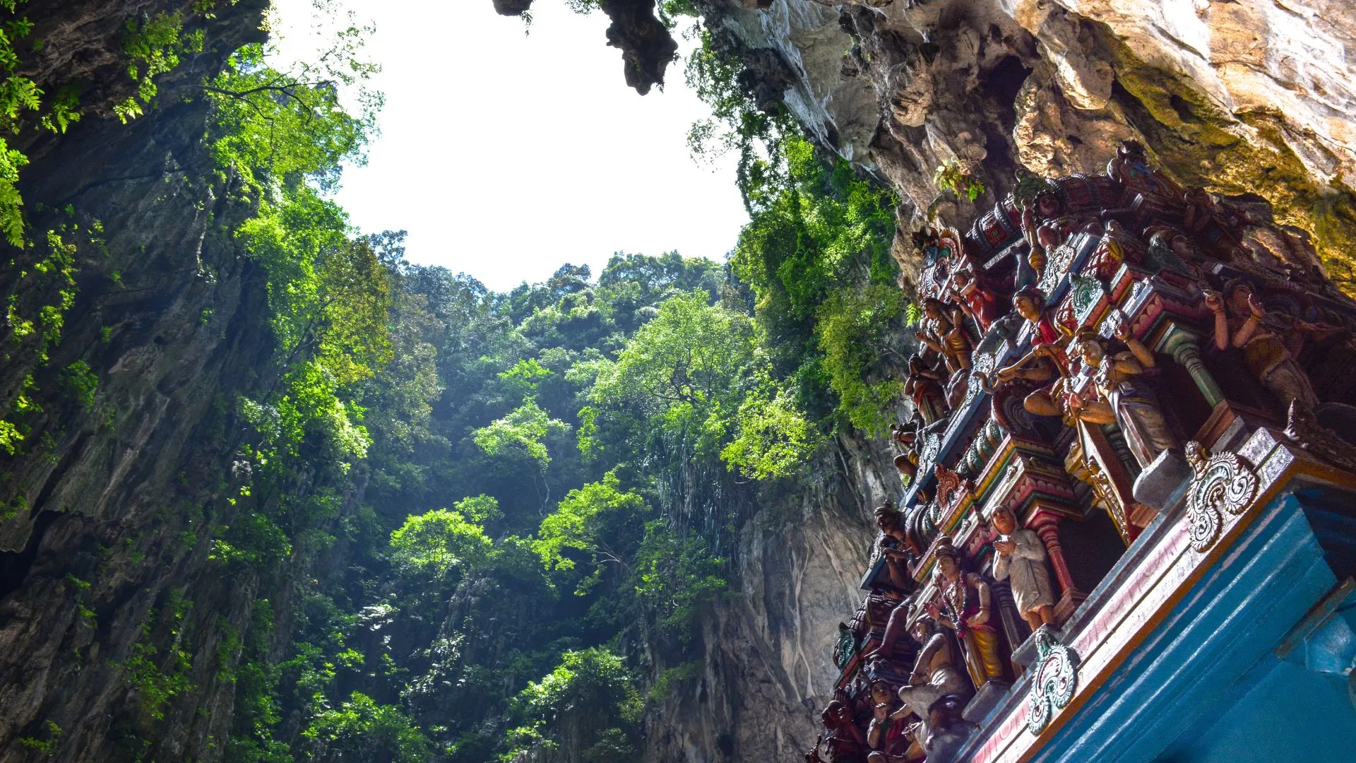 Looking up through the open roof of the Temple Cave at Batu Caves to the limestone walls and trees above